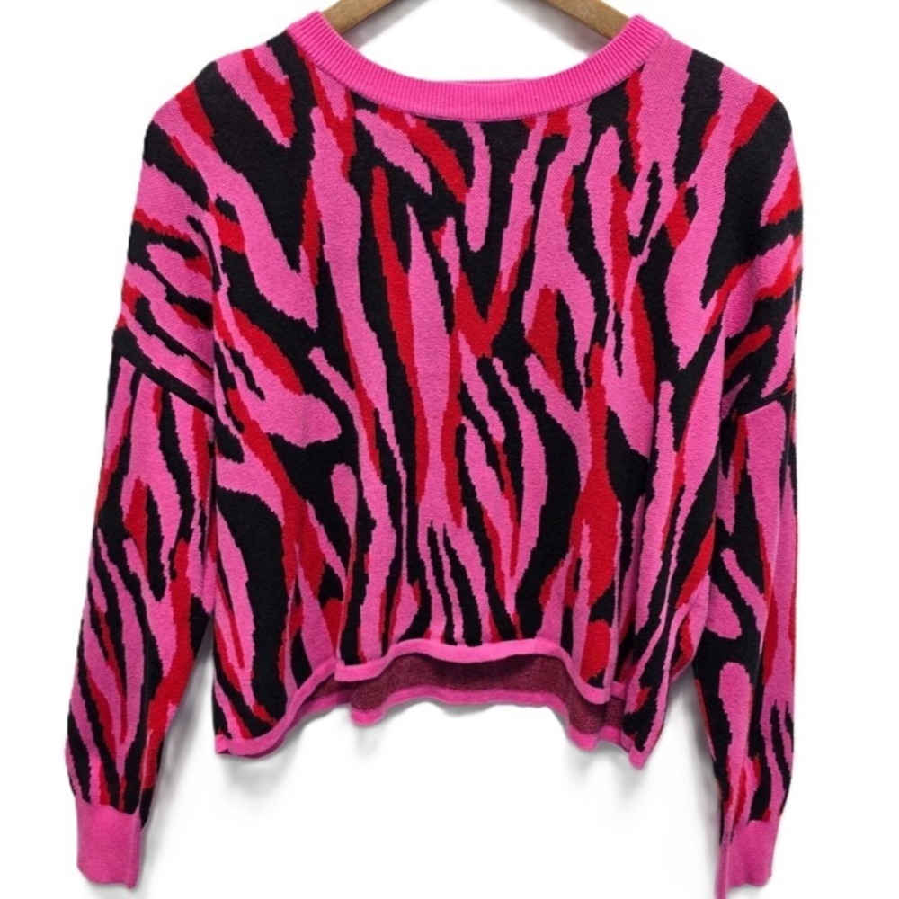 Bar III Womens M Pink Red Black‎ Zebra Print Knit Sweater Pullover Bold Y2K